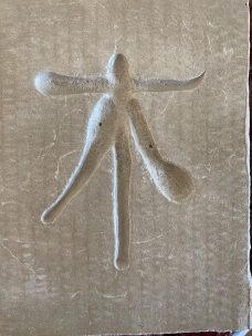 Linienartige Figur mit ausgestreckten Armen und einer ovalen Form, auf grauem Hintergrund.